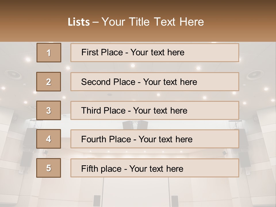 A Large Auditorium With Speakers And Lights On The Ceiling PowerPoint Template