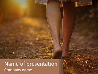 A Woman Walking Down A Dirt Road With Her Foot In The Air PowerPoint Template