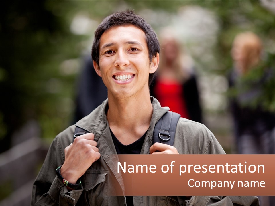 A Man With A Backpack Is Smiling For The Camera PowerPoint Template