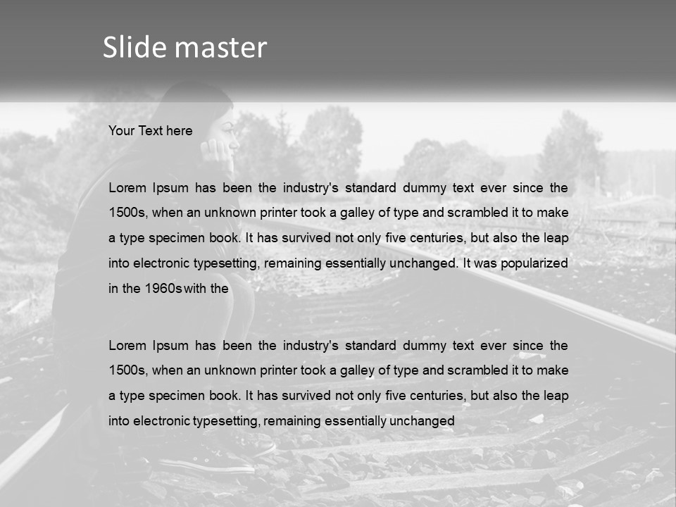 A Woman Sitting On A Train Track In Black And White PowerPoint Template