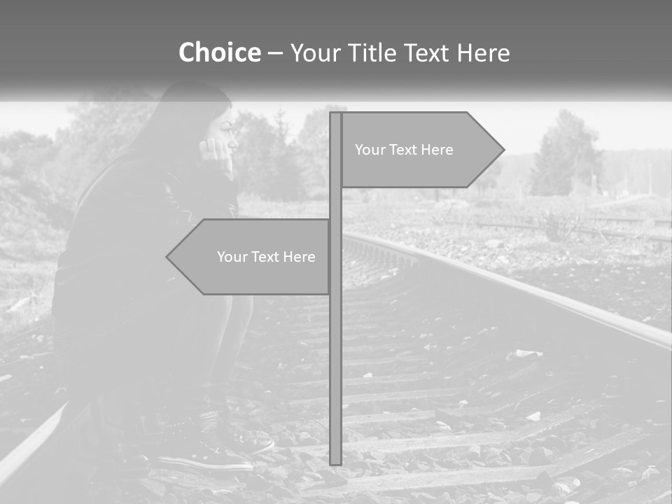 A Woman Sitting On A Train Track In Black And White PowerPoint Template