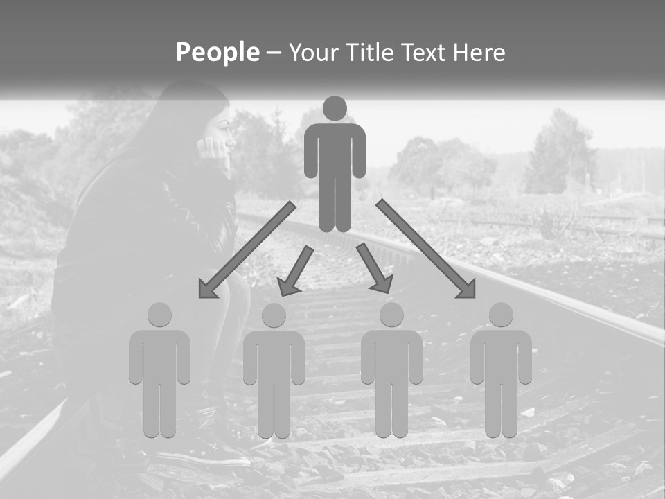 A Woman Sitting On A Train Track In Black And White PowerPoint Template