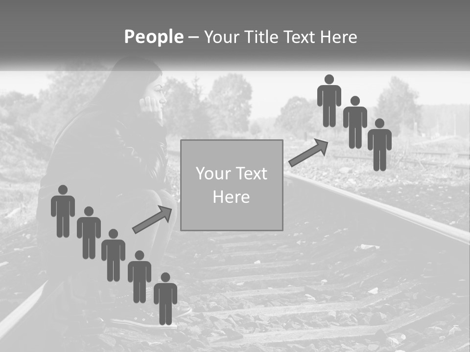 A Woman Sitting On A Train Track In Black And White PowerPoint Template