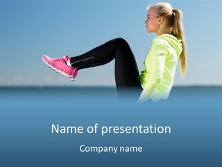 A Woman Is Sitting On The Beach With Her Feet Up In The Air PowerPoint Template