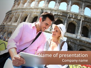 A Man And Woman Are Looking At Something On A Tablet PowerPoint Template