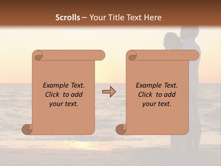 Two People Standing On A Beach At Sunset PowerPoint Template