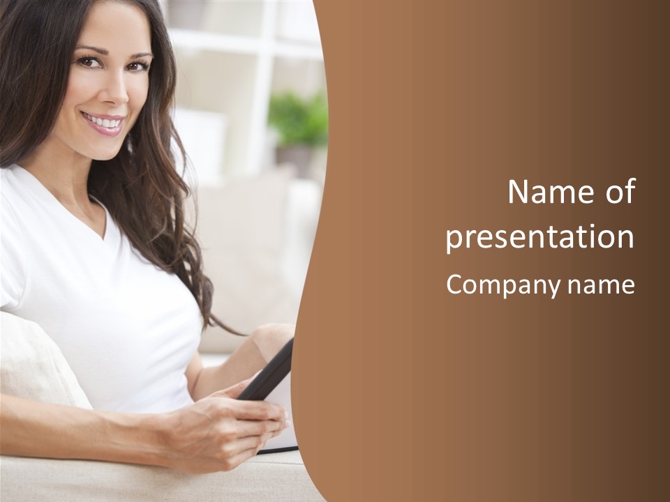 A Woman Sitting On A Couch Holding A Cell Phone PowerPoint Template