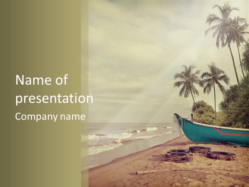 A Boat On The Beach With Palm Trees In The Background PowerPoint Template