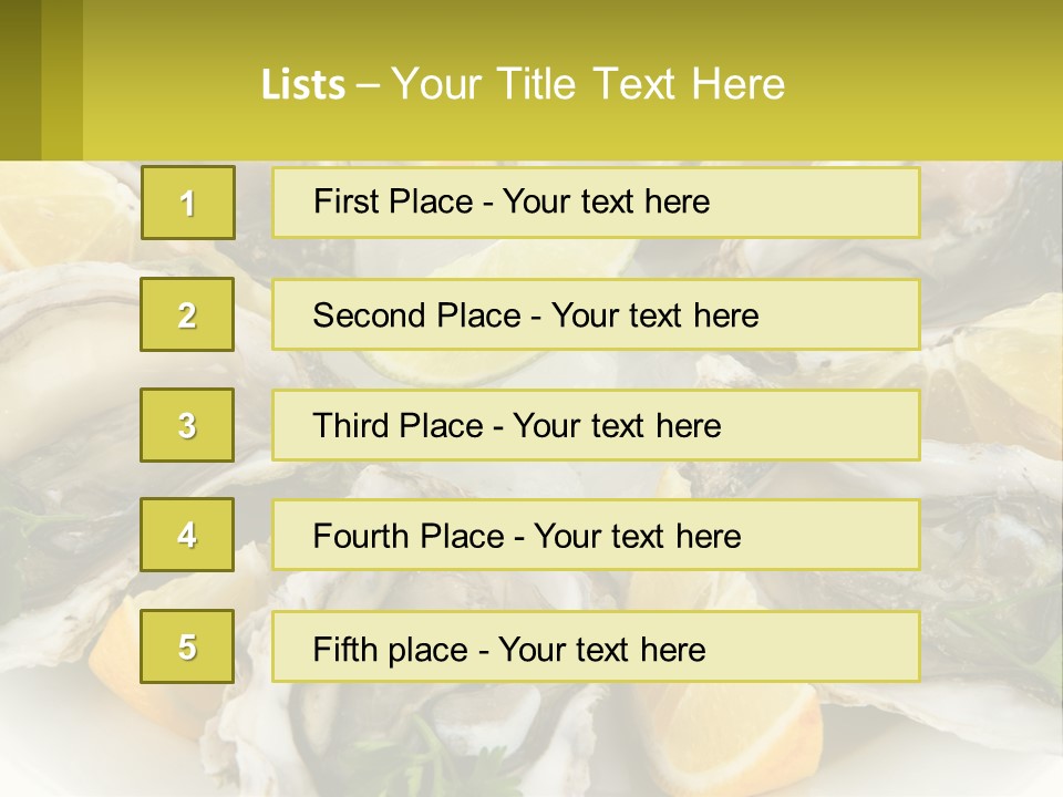 A Plate Of Oysters On Ice With Lemon Wedges PowerPoint Template