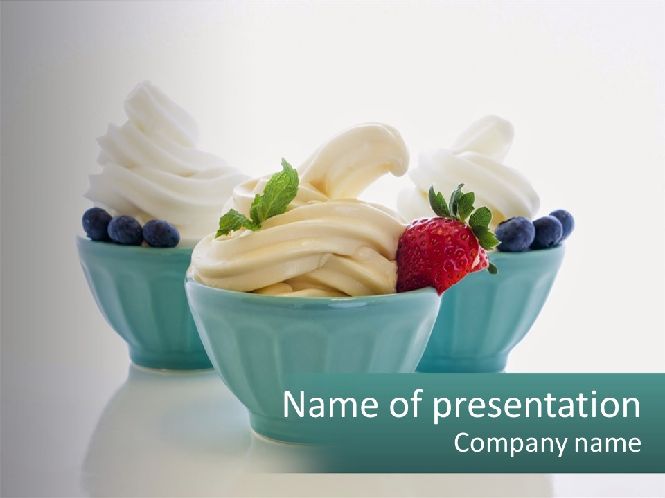 Three Bowls Of Ice Cream With Strawberries And Blueberries PowerPoint Template