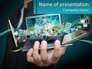 A Person Holding A Laptop With A Presentation On The Screen PowerPoint Template