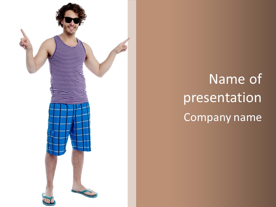 A Man In A Tank Top And Plaid Shorts Is Pointing At Something PowerPoint Template