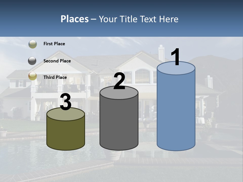 A Large White House With A Pool In Front Of It PowerPoint Template