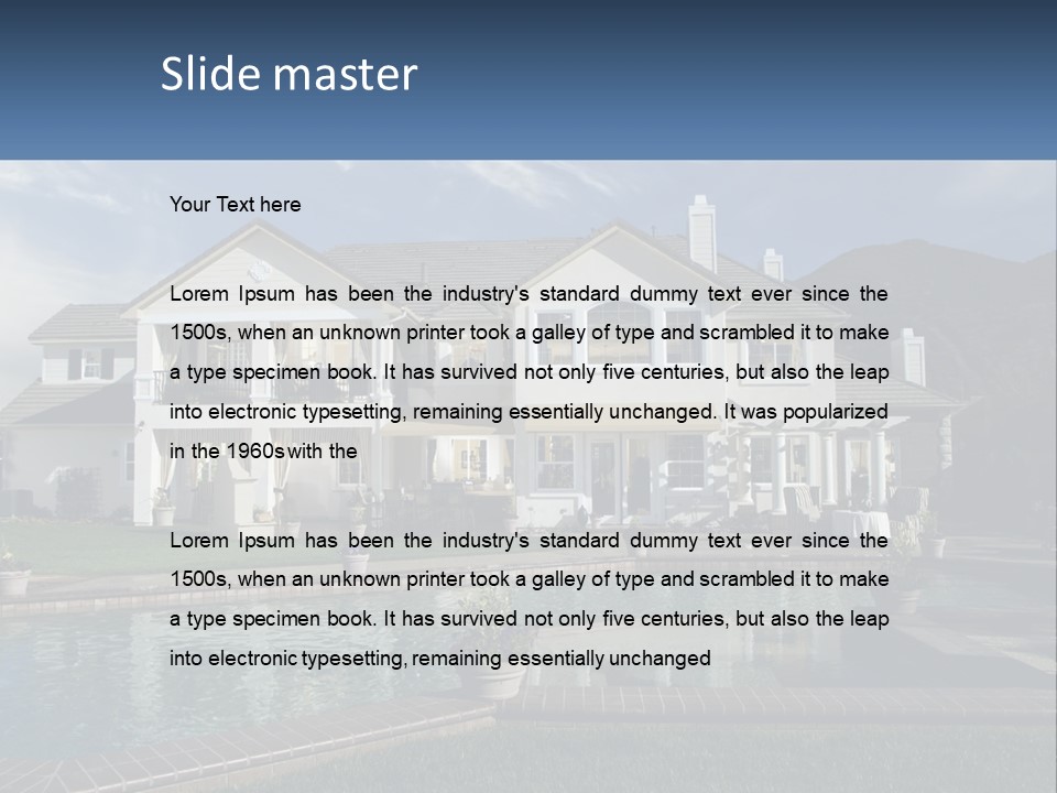 A Large White House With A Pool In Front Of It PowerPoint Template