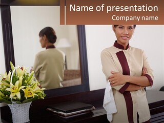 A Woman Standing In Front Of A Mirror With Her Arms Crossed PowerPoint Template