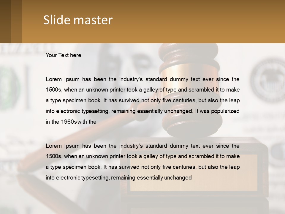 A Judge's Gavel On Top Of A Pile Of Money PowerPoint Template