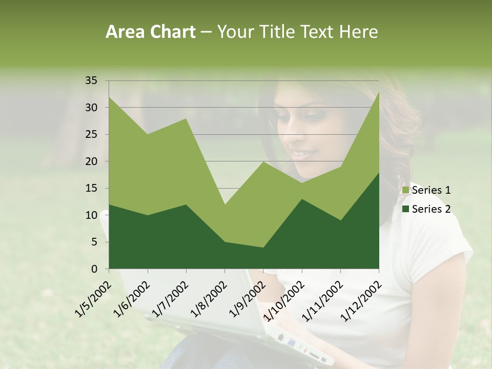 A Woman Sitting In The Grass Using A Laptop Computer PowerPoint Template