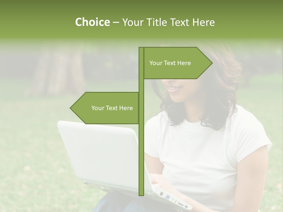 A Woman Sitting In The Grass Using A Laptop Computer PowerPoint Template