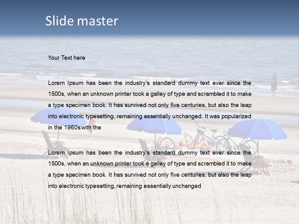 A Group Of Lawn Chairs And Umbrellas On A Beach PowerPoint Template
