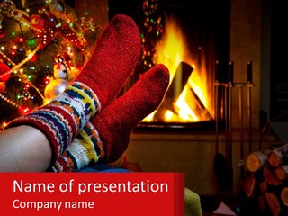 A Person's Feet In A Pair Of Socks In Front Of A Christmas Tree PowerPoint Template