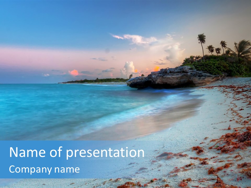 A Sandy Beach With Blue Water And Palm Trees PowerPoint Template