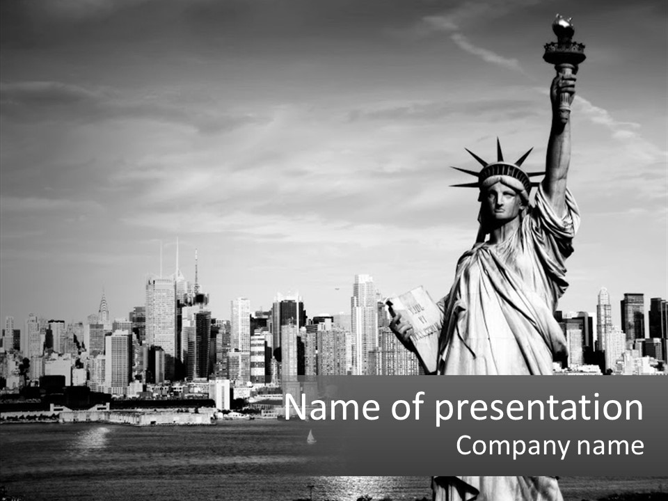 A Statue Of Liberty In Front Of A City Skyline PowerPoint Template
