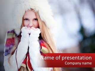 A Woman Wearing A Hat And Gloves With Her Hands In Her Mouth PowerPoint Template