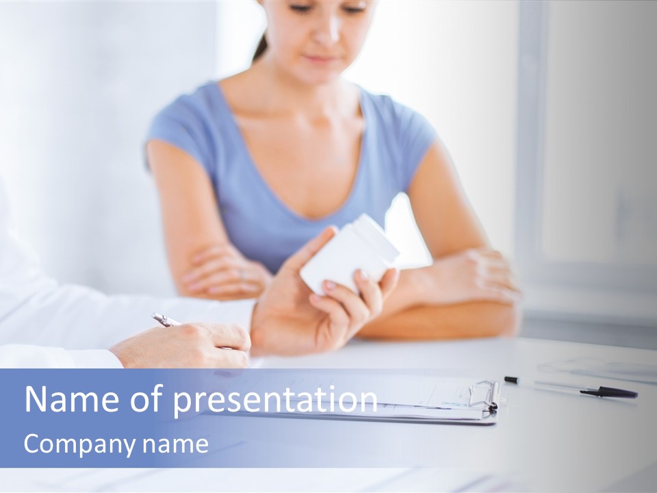 A Woman Sitting At A Table Holding A Business Card PowerPoint Template
