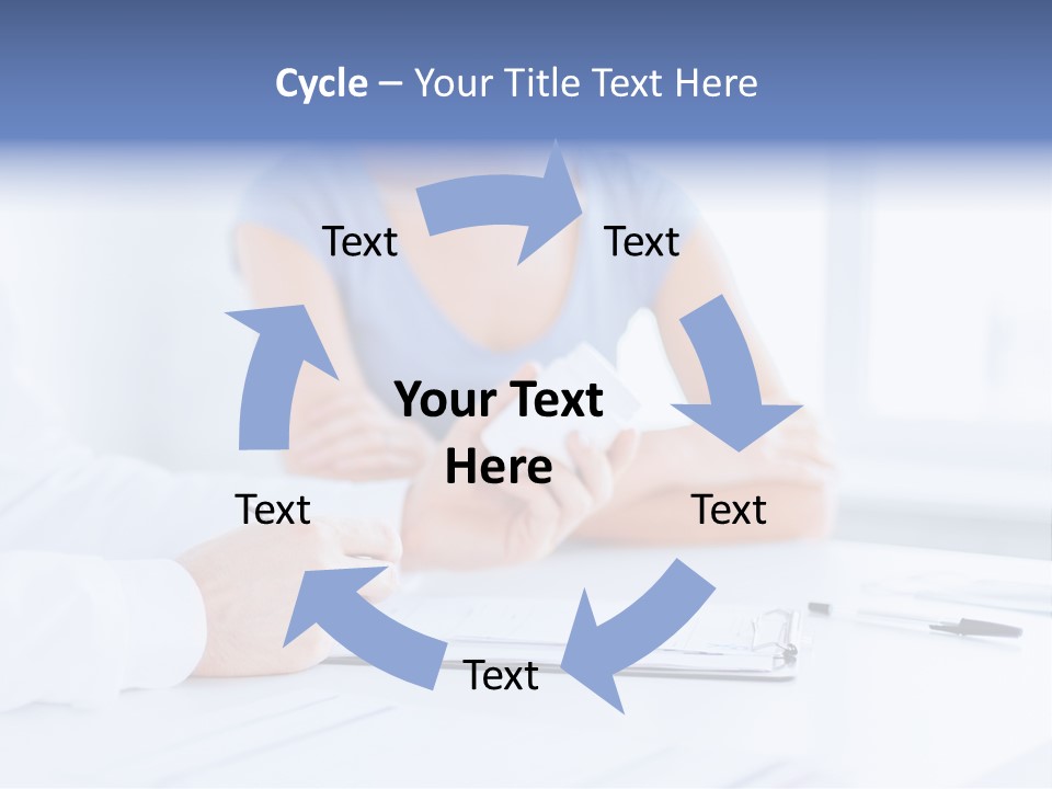 A Woman Sitting At A Table Holding A Business Card PowerPoint Template