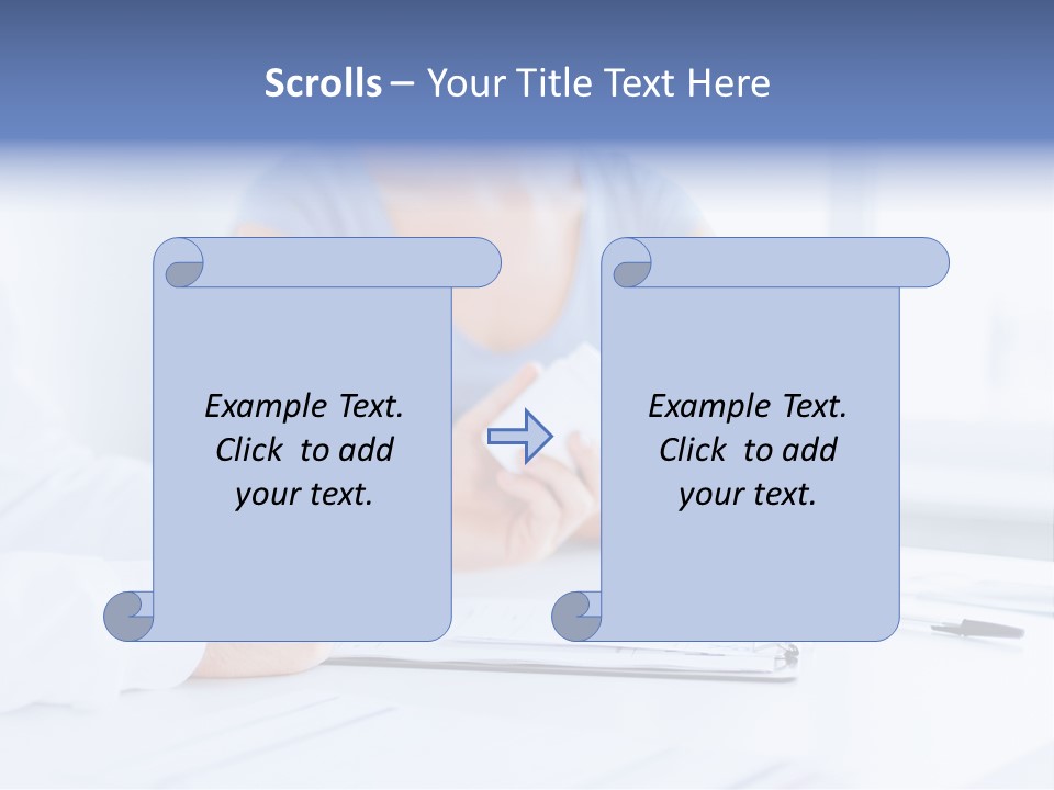 A Woman Sitting At A Table Holding A Business Card PowerPoint Template