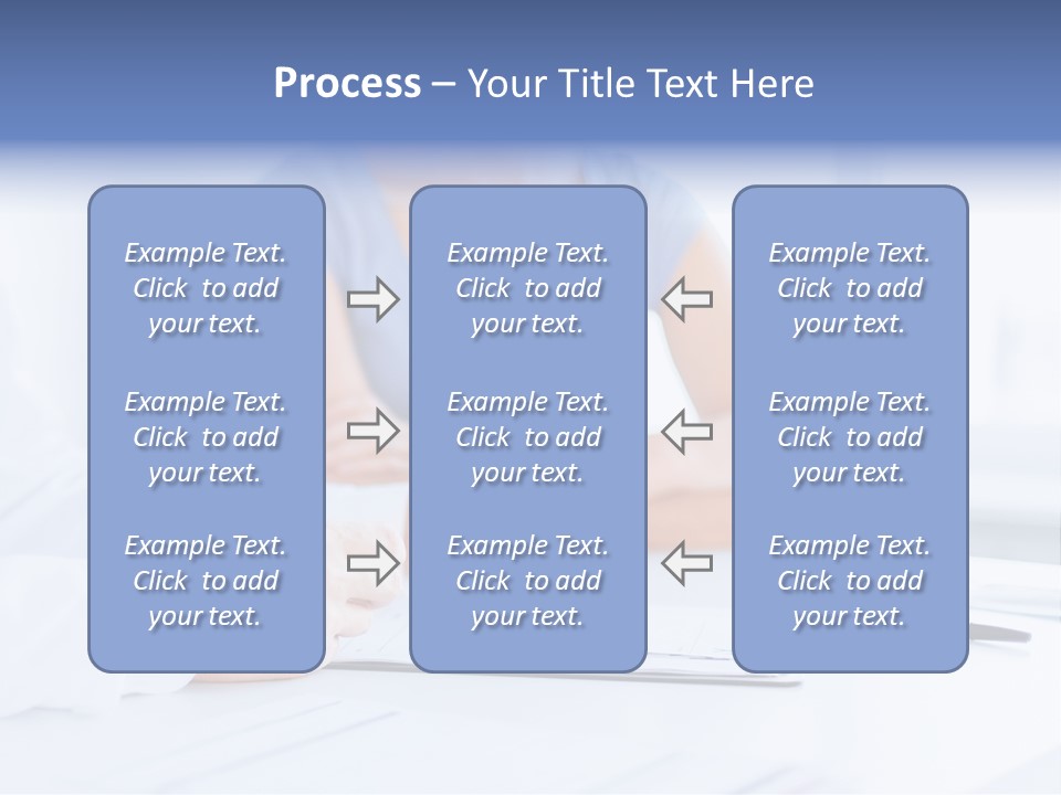 A Woman Sitting At A Table Holding A Business Card PowerPoint Template