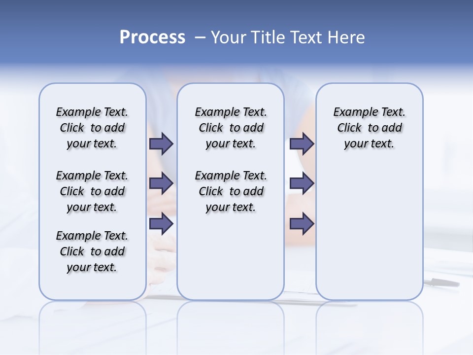 A Woman Sitting At A Table Holding A Business Card PowerPoint Template