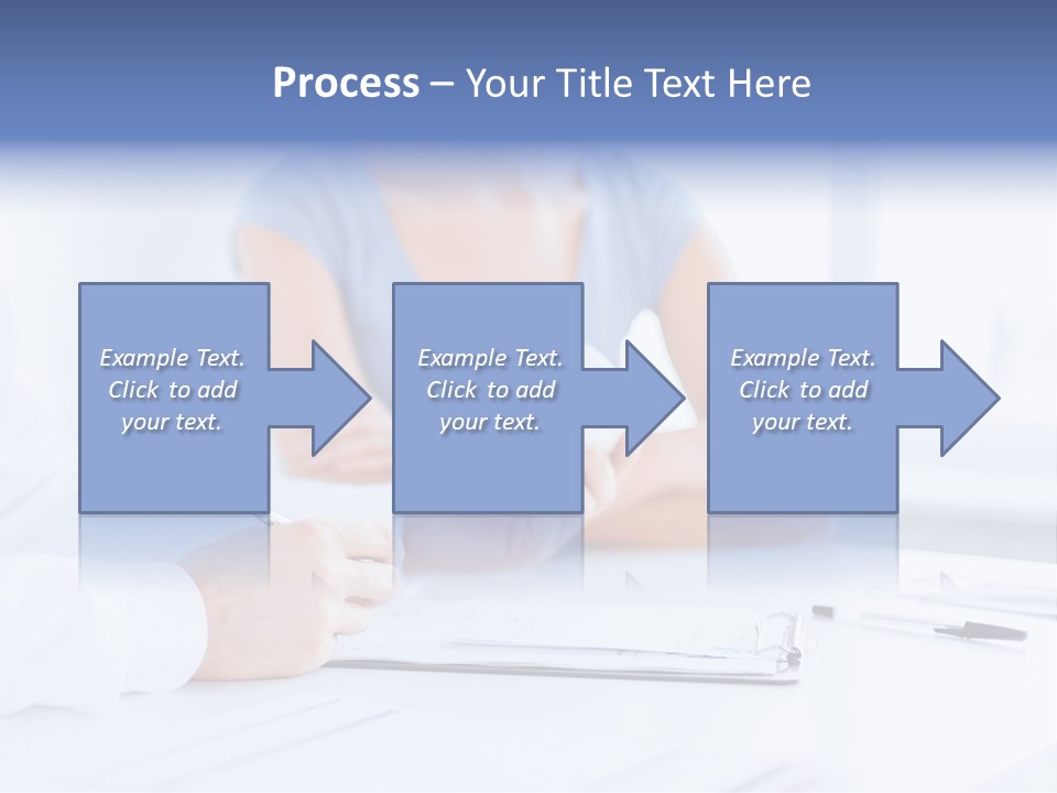 A Woman Sitting At A Table Holding A Business Card PowerPoint Template
