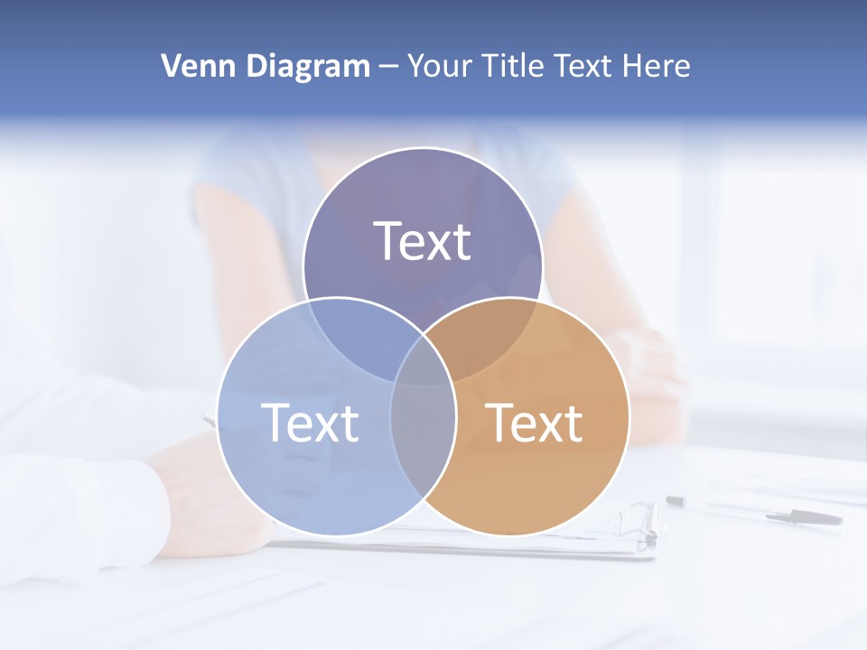 A Woman Sitting At A Table Holding A Business Card PowerPoint Template