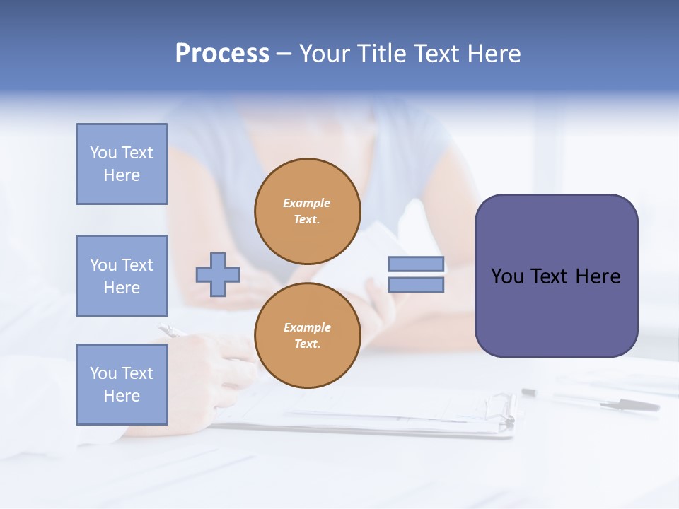 A Woman Sitting At A Table Holding A Business Card PowerPoint Template