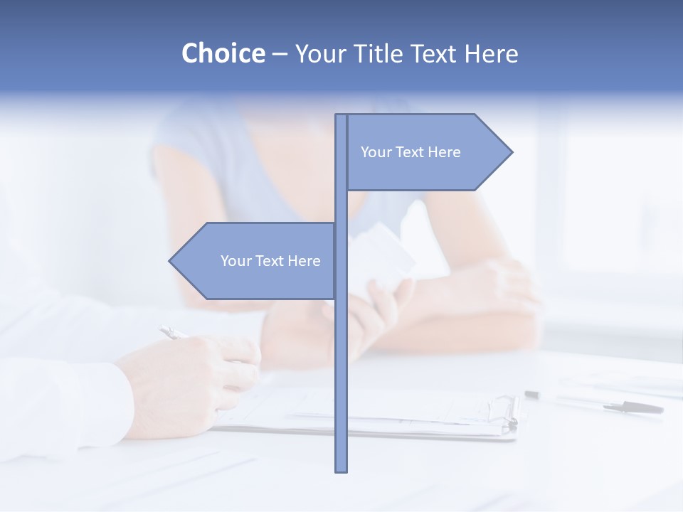 A Woman Sitting At A Table Holding A Business Card PowerPoint Template