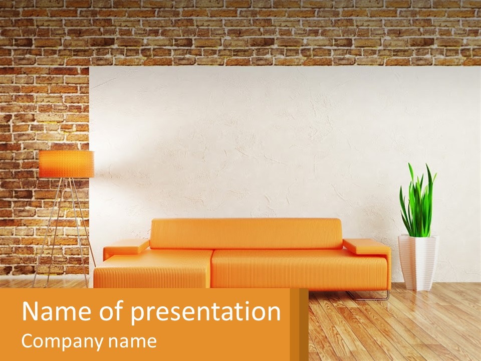 A Living Room With A Couch And A Potted Plant PowerPoint Template
