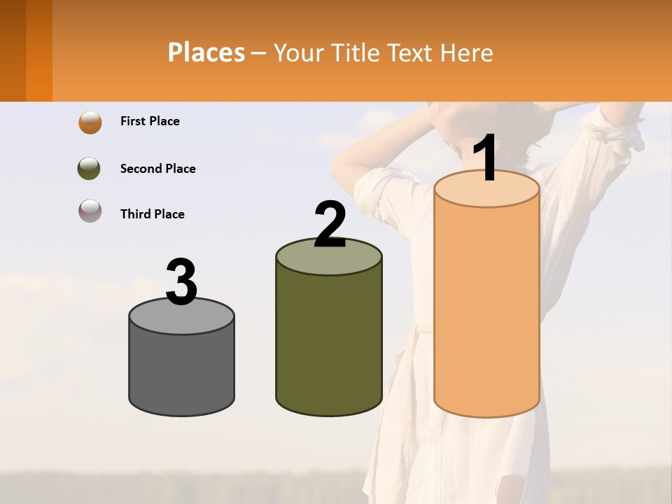 A Woman In A White Dress Is Holding Her Hands Behind Her Head PowerPoint Template