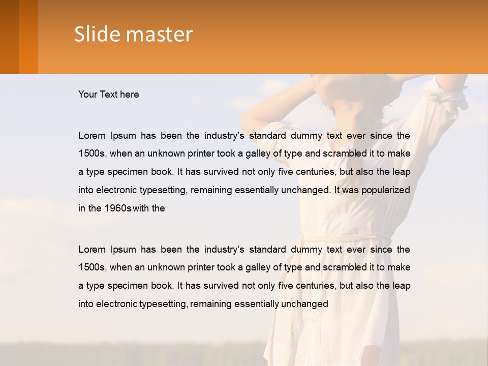 A Woman In A White Dress Is Holding Her Hands Behind Her Head PowerPoint Template