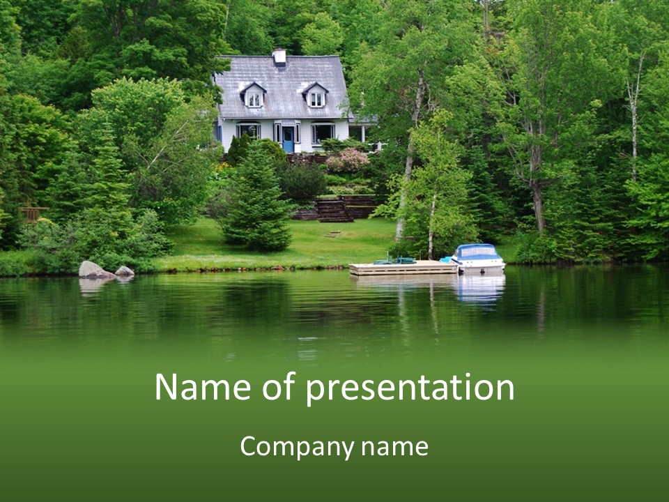 A Boat On A Lake In Front Of A House PowerPoint Template