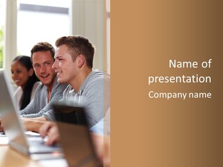 A Group Of People Sitting At A Table With Laptops PowerPoint Template