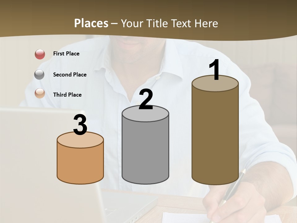 A Man Sitting At A Desk Writing On A Piece Of Paper PowerPoint Template