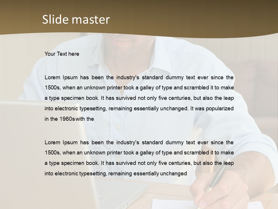 A Man Sitting At A Desk Writing On A Piece Of Paper PowerPoint Template