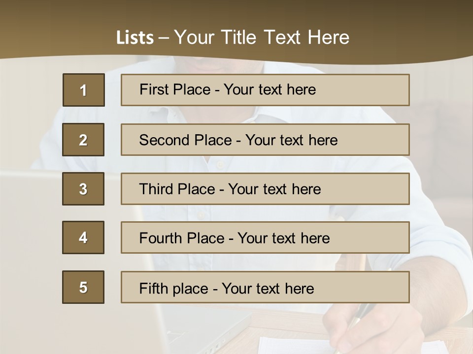 A Man Sitting At A Desk Writing On A Piece Of Paper PowerPoint Template