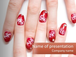 A Woman's Nails With Red And White Designs On Them PowerPoint Template