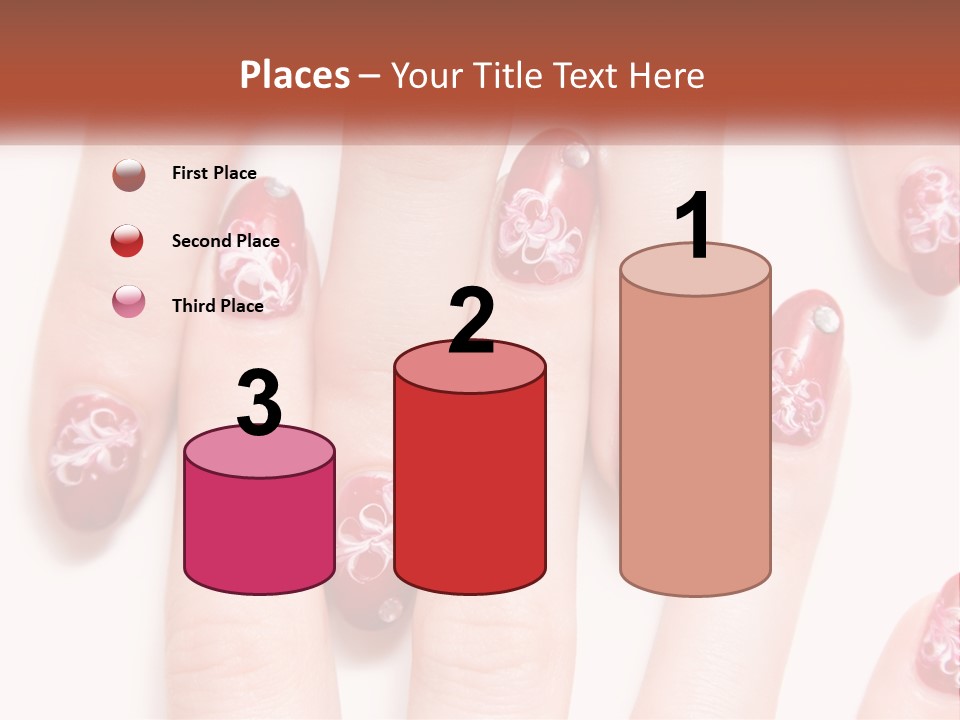 A Woman's Nails With Red And White Designs On Them PowerPoint Template