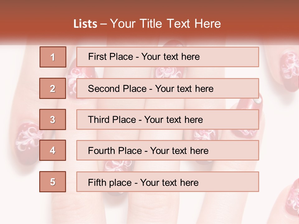A Woman's Nails With Red And White Designs On Them PowerPoint Template