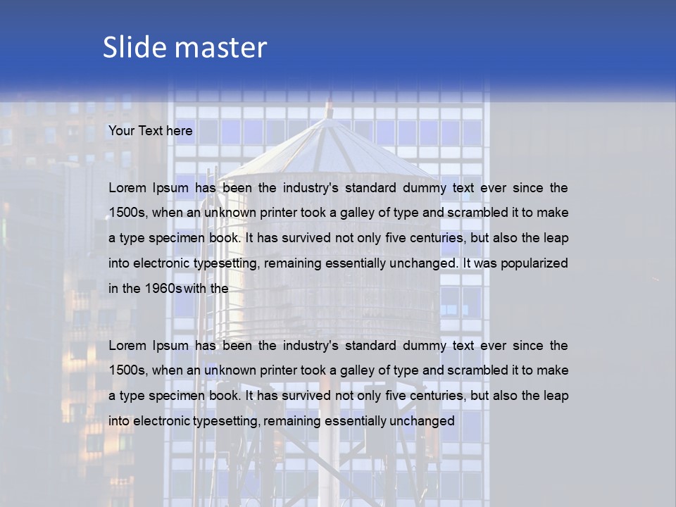 A Water Tower In Front Of A Tall Building PowerPoint Template