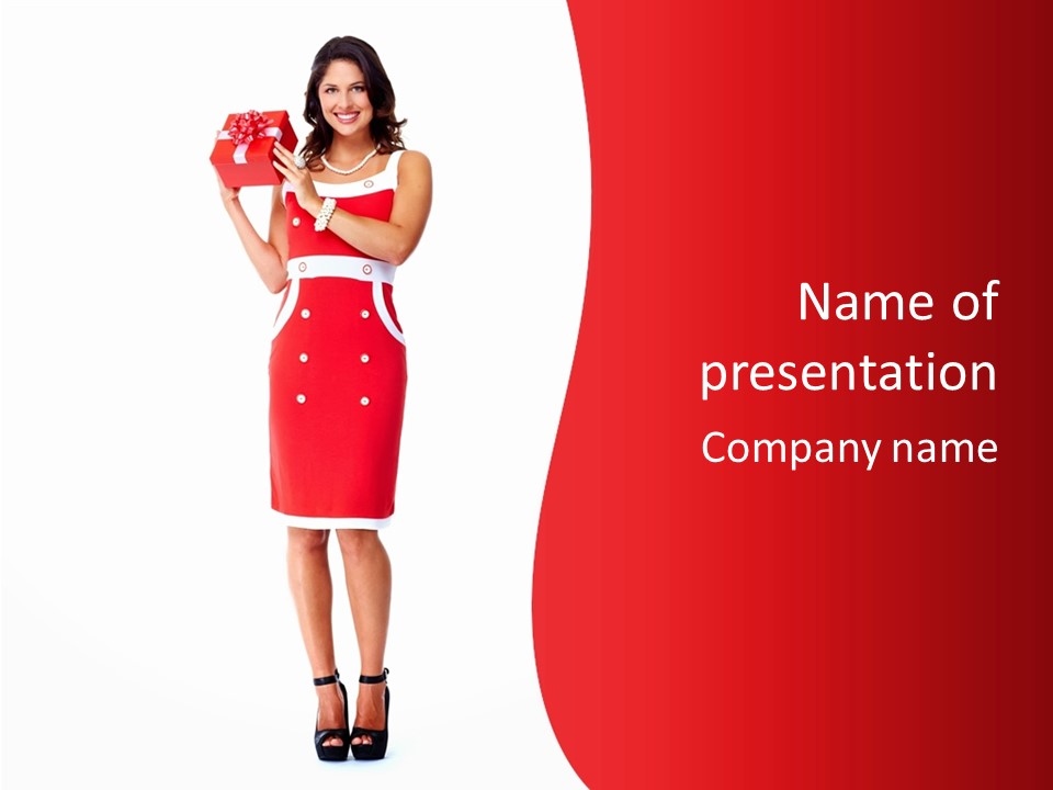 A Woman In A Red Dress Is Holding A Present PowerPoint Template