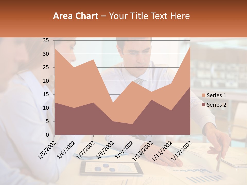 A Couple Of People Sitting At A Table With Papers PowerPoint Template